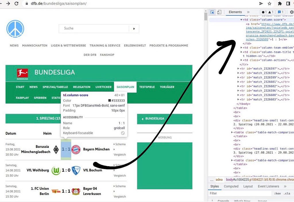 Website devtools inspecting the Bundesliga results table