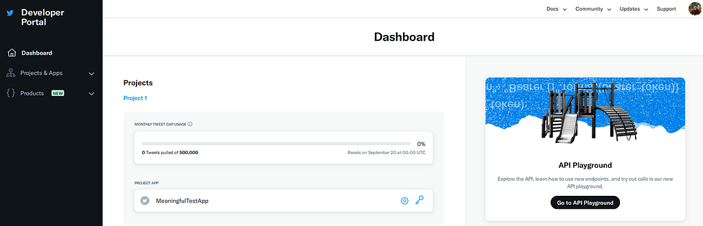 Dashboard of Developer Account with created application MeaningfulTestApp