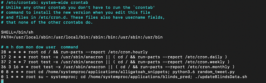 Crontab configuration for regularly executing script updateBlindsData.sh every day at 1 am